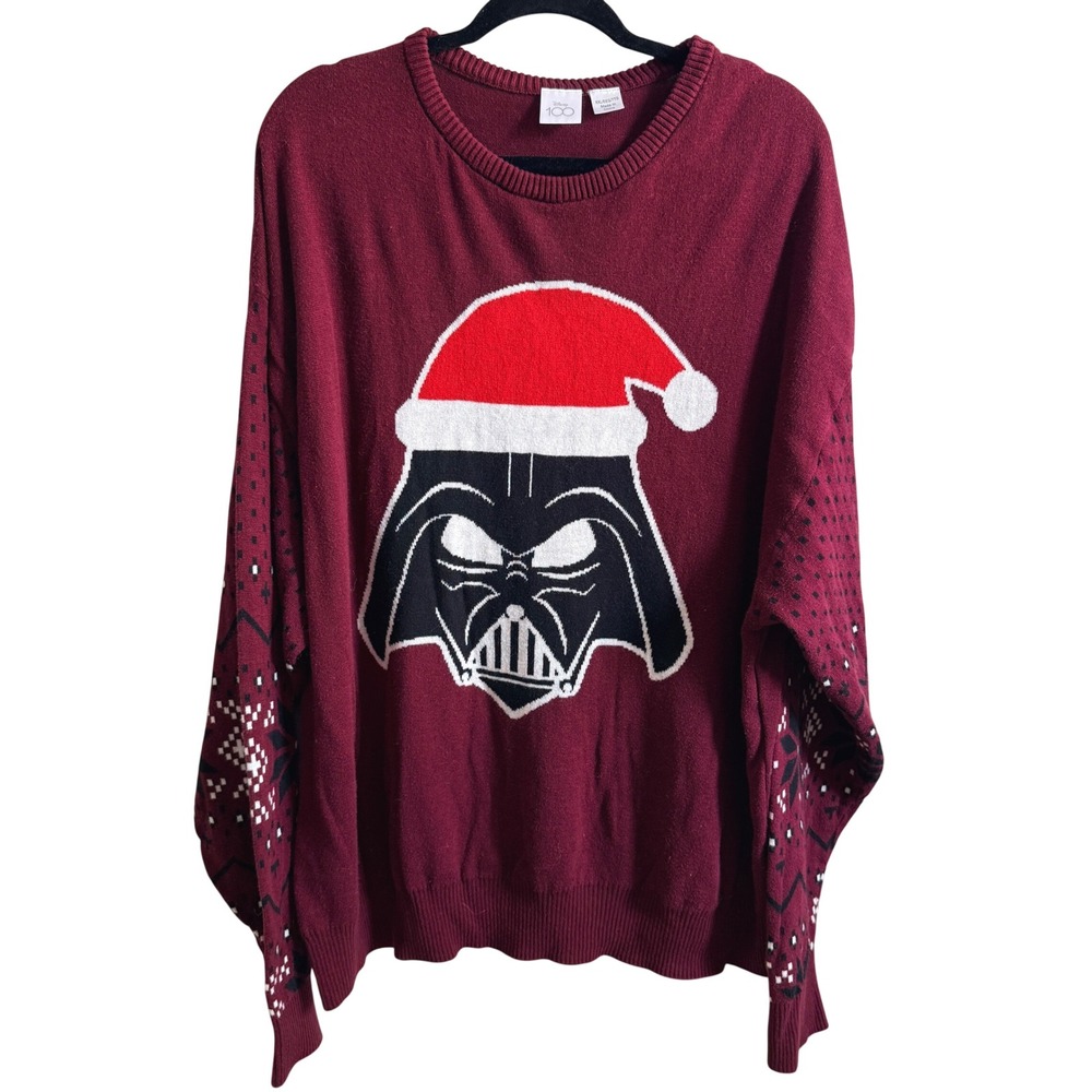 Disney Star Wars Darth Vader Sweater Mens XXL Burgundy Santa Hat Holiday Knit